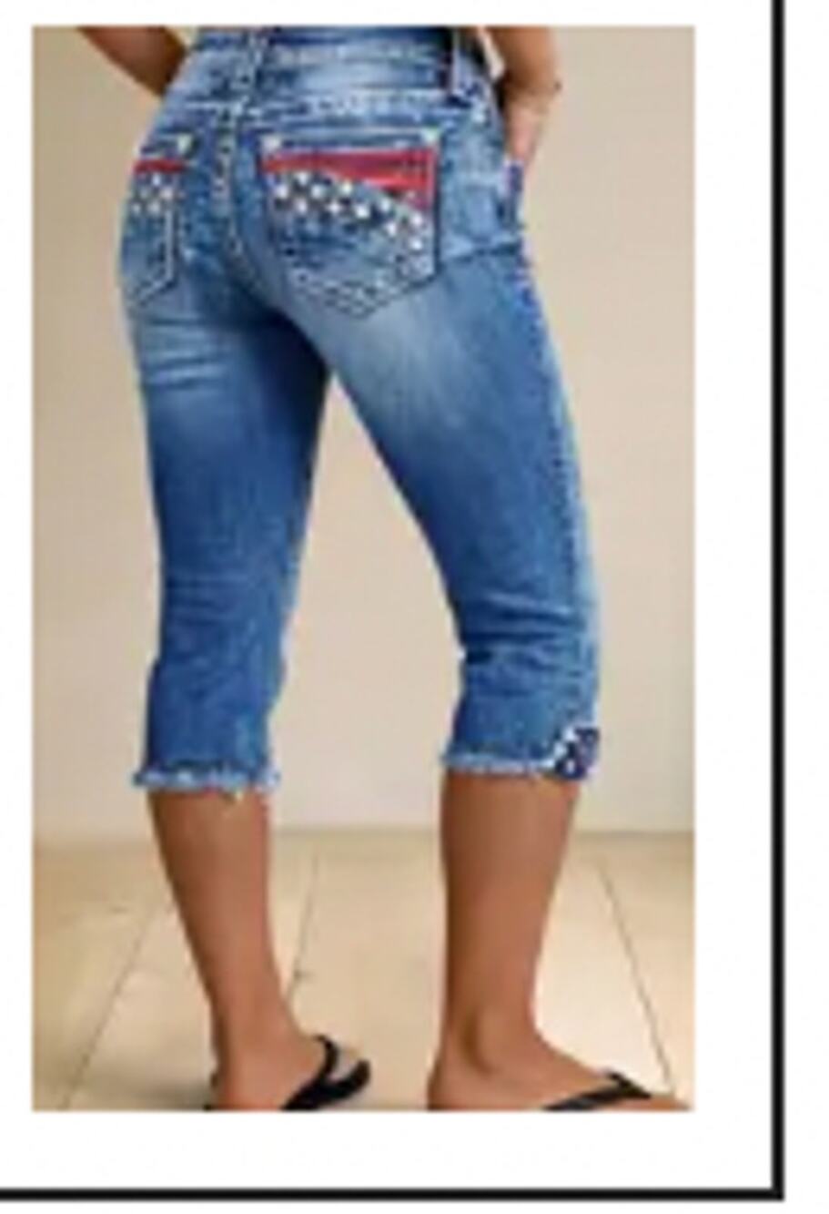 Flemingals Stripe & Star Embroidery Raw Hem Mid Waist Skinny Capri Jeans SZ M
